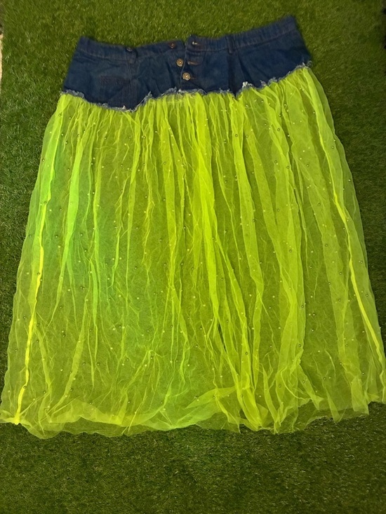 Other - Denim-Waist Neon Green Tulle Maxi Skirt